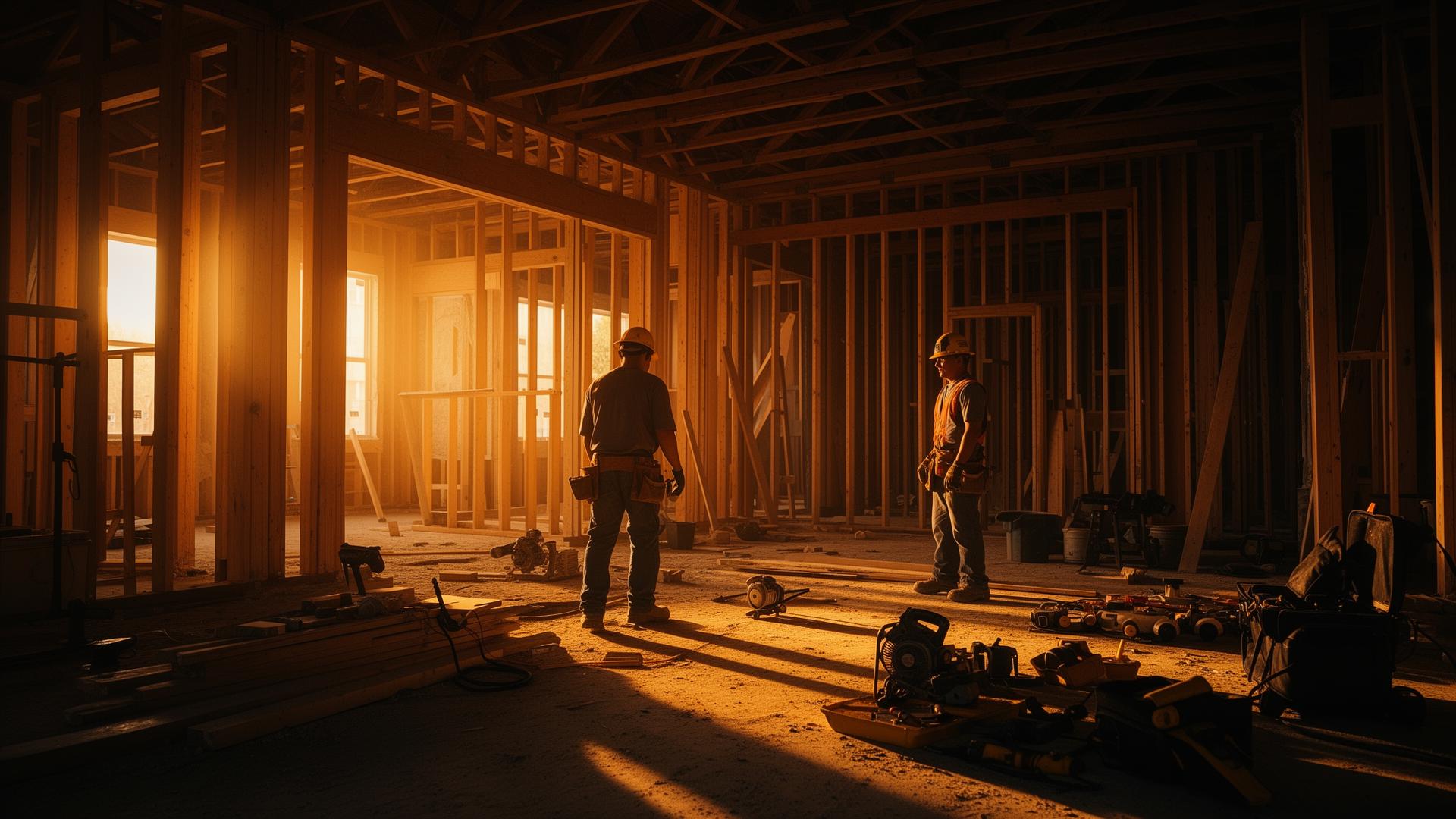 Construction crew working at golden hour
